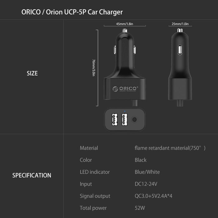 ORICO - Chargeur allume cigare multiple 5 ports USB QC3.0