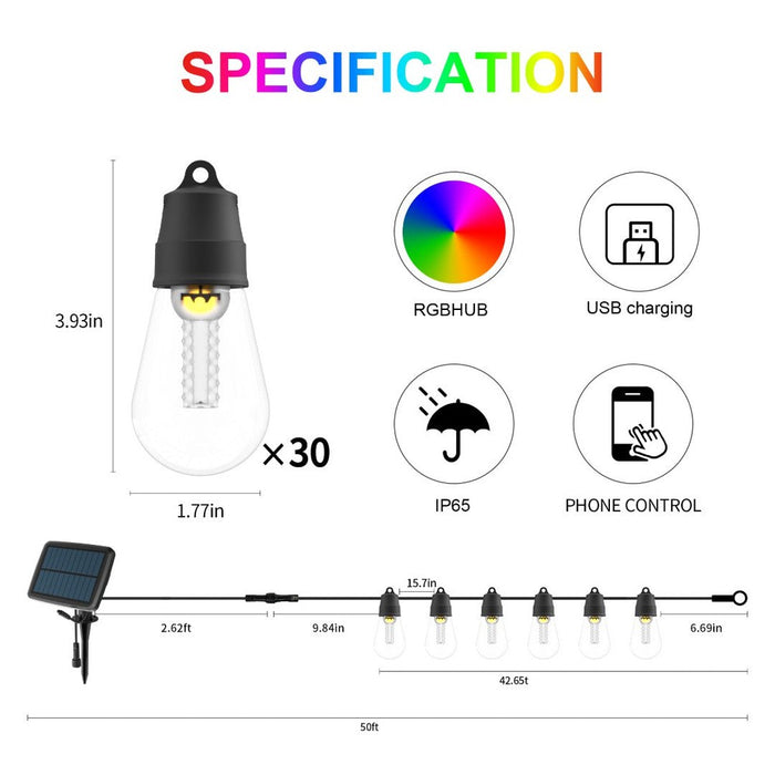 Guirlande solaire multicolore 13m 30 ampoules connectée (Bluetooth)