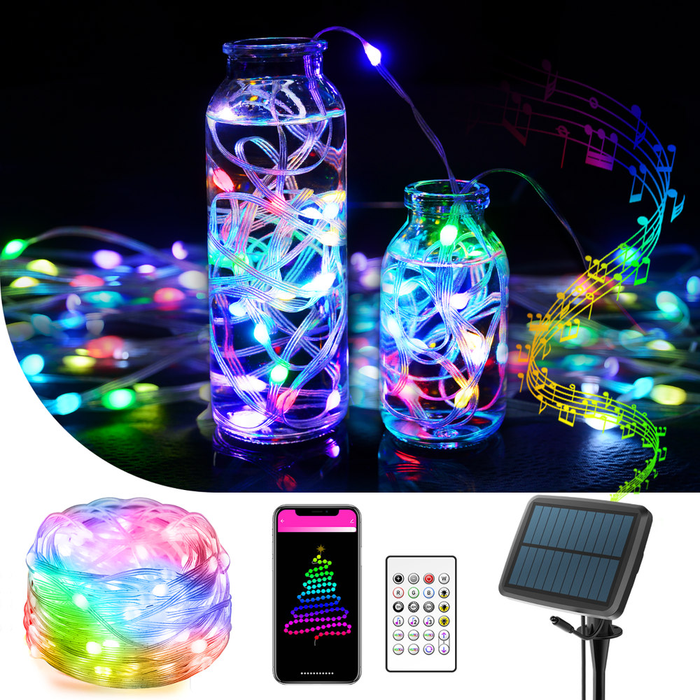 Guirlande solaire multicolore 10m 66 leds connectée (Bluetooth)