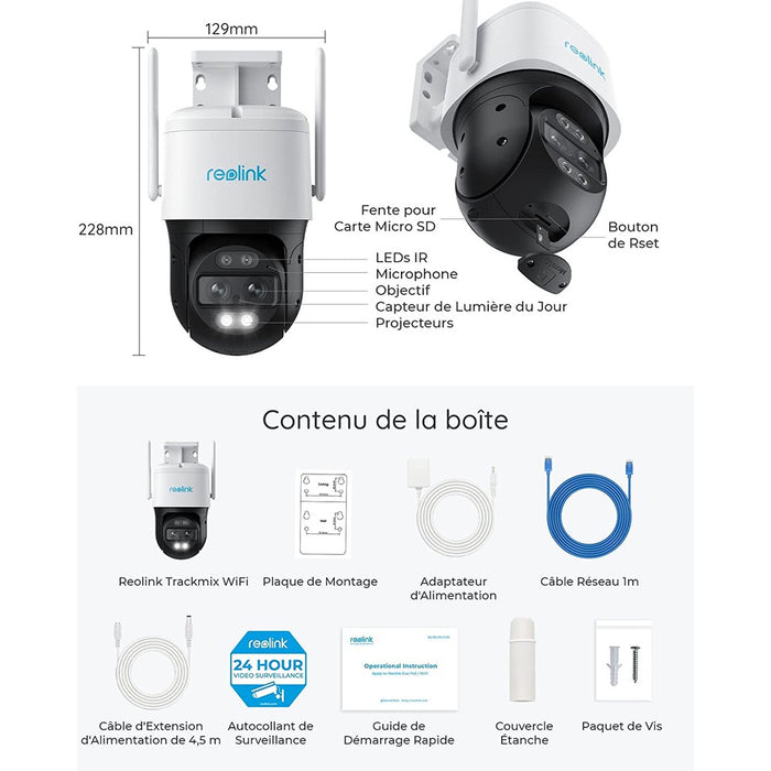 Reolink Trackmix Wifi - Caméra extérieure 4K 8MP, double objectif 360° - Suivi de mouvement et zoom automatique